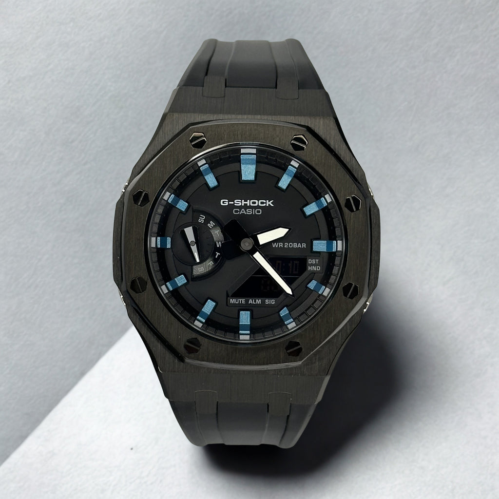 Custom Casio G-Shock GA2100 CasiOak Rubber Strap - Metallic Blue Hour Markers